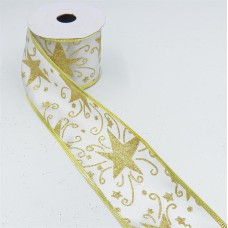 2.5 Inch Wired Christmas Ribbon With Gold Metallic Sparkle Stars on White Satin, 10 Yds (Lot of 1 Spool) SALE ITEM